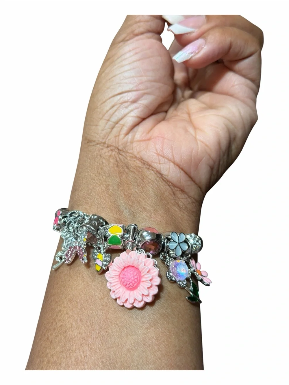 Silver Charm Adjustable Twisted Bangle with Pink Flower and Crystal Accents